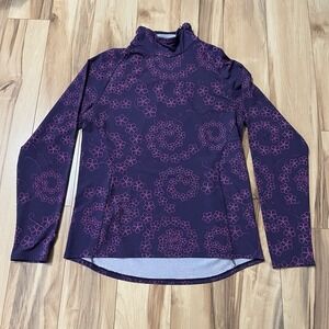 LL BEAN Women's Sz L Performance Mock Neck Long Sleeve Purple Geo Pattern Zip